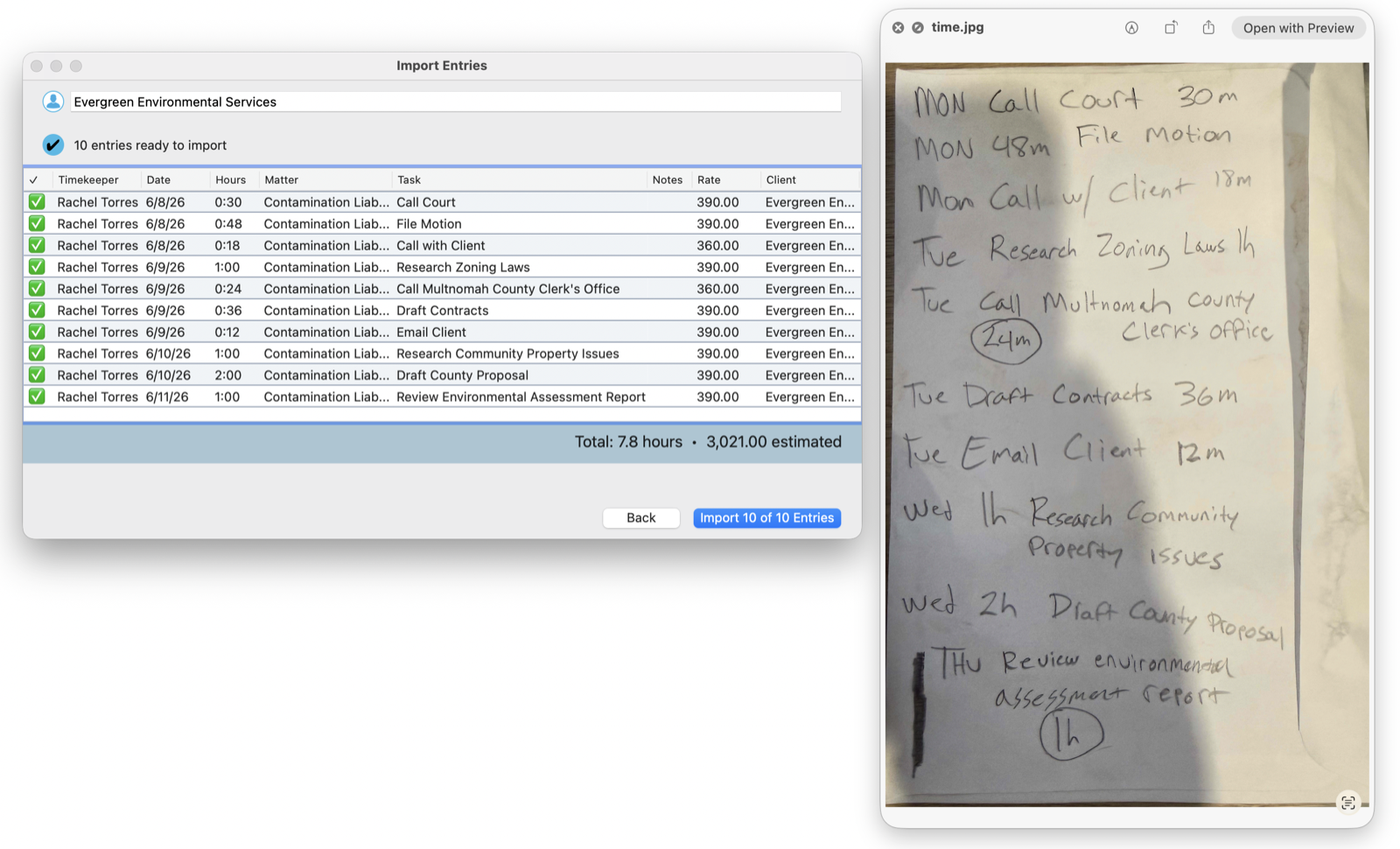 A handwritten note organized by day of week being parsed by Time Drop, which maps Monday, Tuesday, Wednesday, and Thursday to actual calendar dates in the import preview