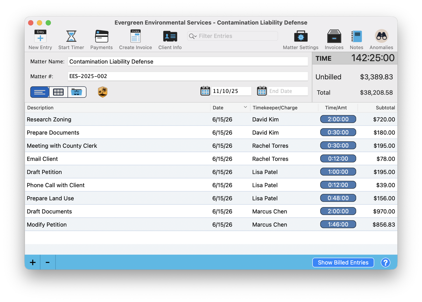 A matter window after a Time Drop import, its entry list populated with the imported time entries showing timekeepers, durations, and dollar subtotals