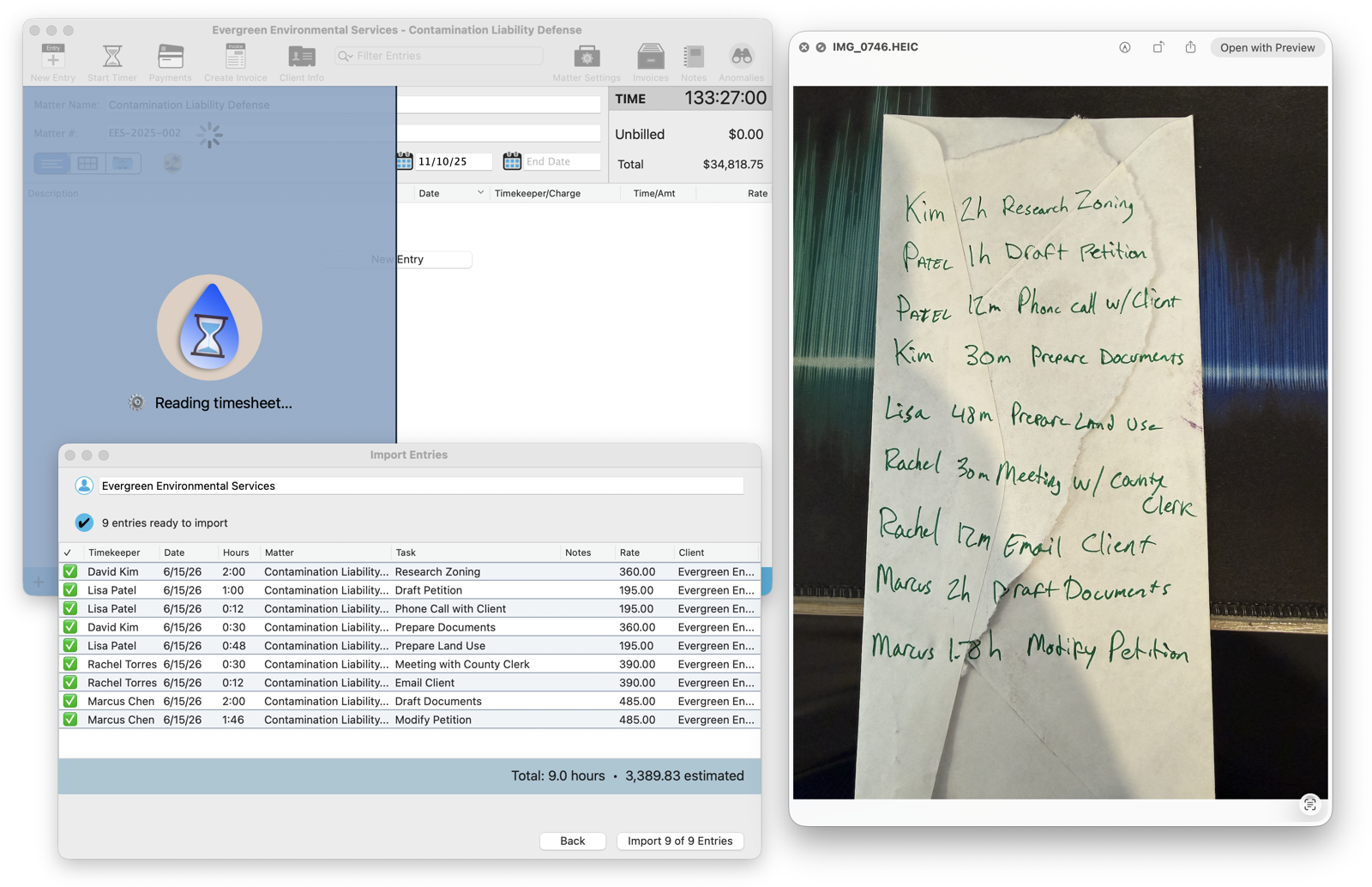 A photograph of a handwritten napkin listing time entries being dropped on a matter, with Oasis showing Reading timesheet and an import preview of the parsed entries