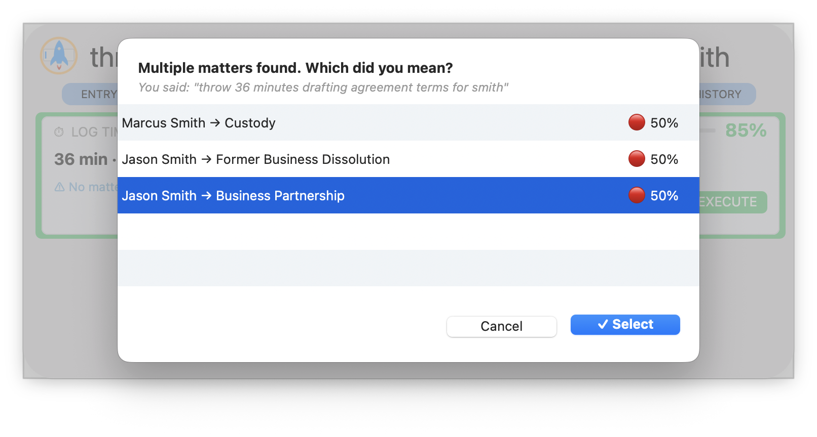Smart disambiguation picker showing three Smith matters sorted by frecency with confidence indicators