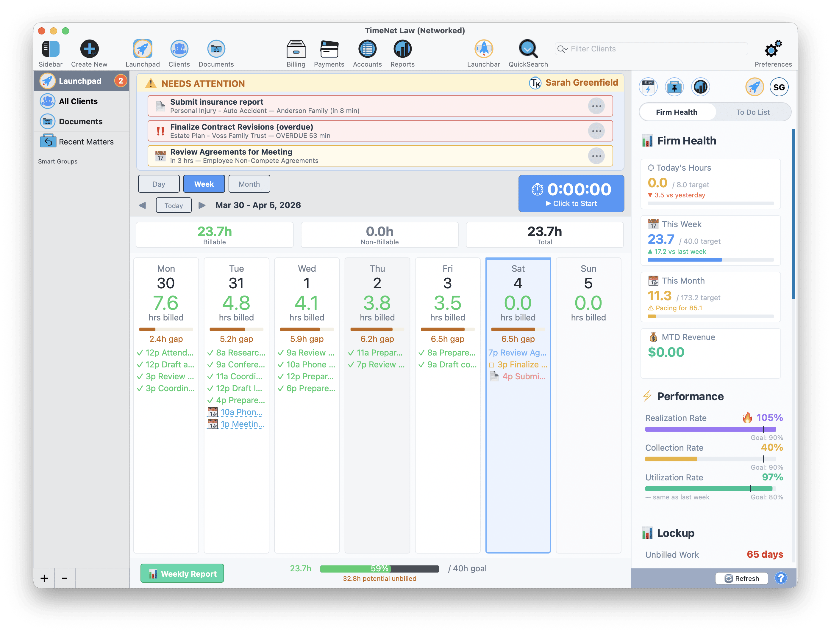 Week View showing seven-day layout with daily summaries and color-coded items