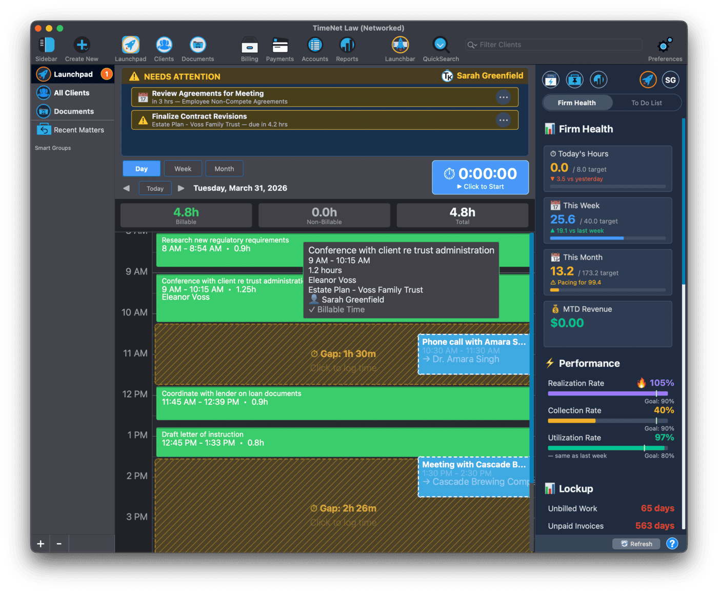 TimeNet Law in Dark Mode showing the Launchpad with dark backgrounds, adjusted text colors, and the same layout in a comfortable low-light theme