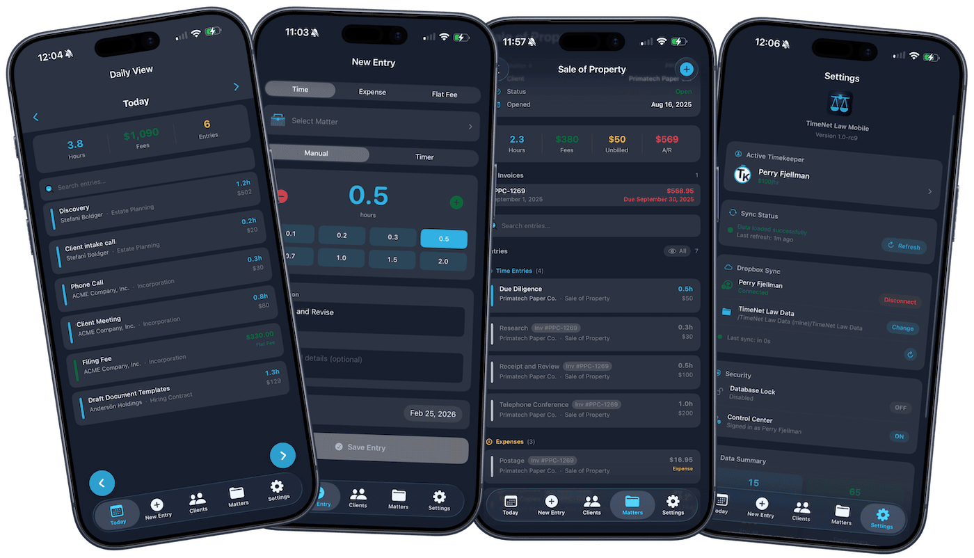 iPhone showing Today view with time entries, and iPad showing sidebar layout with matters list on the left and entry detail on the right