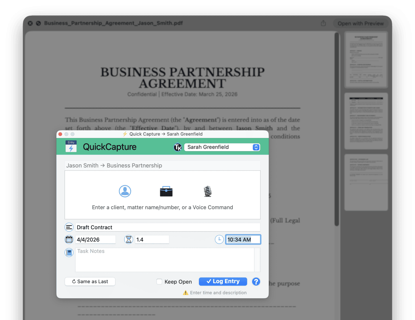 Quick Capture floating window showing a compact time entry form with client, matter, duration, and description fields