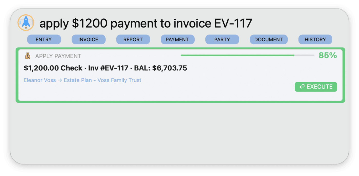 Voice Commands on Mac showing the raw transcript and the parsed result with time, matter, and description extracted automatically